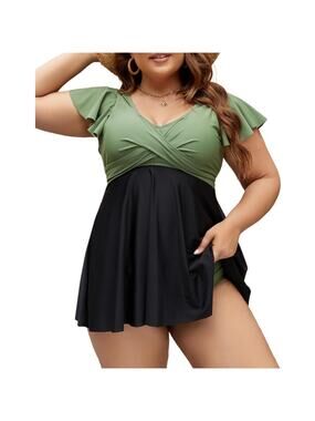 Women’s Plus Size Green Black Tankini Swim Dress Tummy Control 2 Piece Swimwear